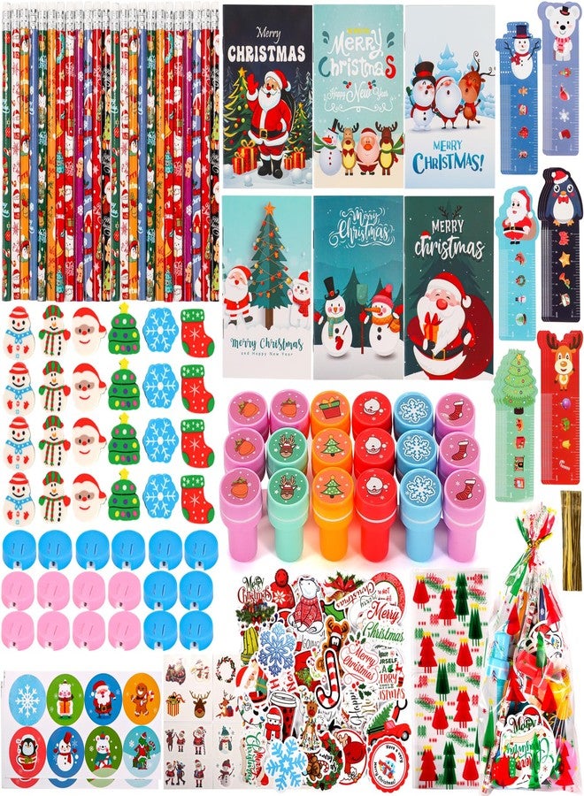 Atonofun 242 Pcs Christmas Party Favors, Christmas School Stationery Set Xmas Classrooms Reward Prizes for Kids Notebooks Stickers Stamps Rulers Pencils Sharpener Erasers for Goodie Bag Fillers - Image 1